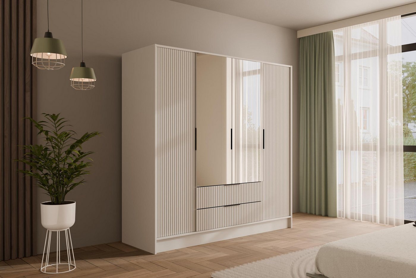 ALTDECOR Drehtürenschrank NOA (Kleiderschrank Garderobenschrank mit viel Stauraum, Moderner Schrank) Vielseitiger Drehtürenschrank Spiegeltüren Spiegel Geriffelte Fronten von ALTDECOR