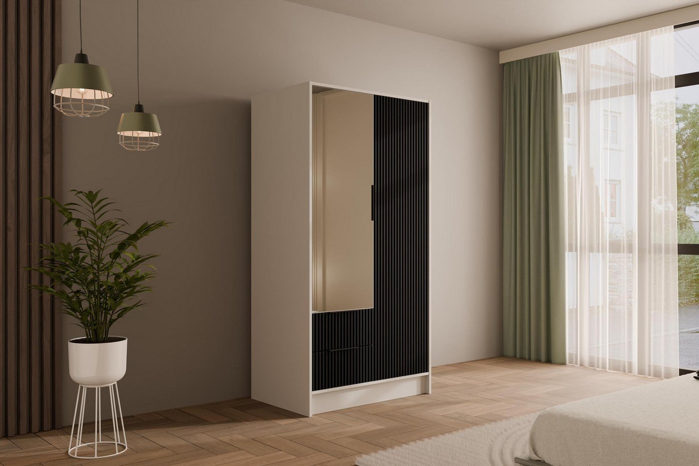 ALTDECOR Drehtürenschrank NOA (Kleiderschrank Garderobenschrank mit viel Stauraum, Moderner Schrank) Vielseitiger Drehtürenschrank Spiegeltüren Spiegel Geriffelte Fronten von ALTDECOR