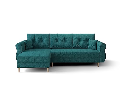 ALTDECOR Ecksofa Links mit Schlaffunktion und Bettkasten, Polstercouch in L-Form Links angeordnet, rückenecht gepolstert, ideal als Gästebett - APOL-L 230x140x90 cm Türkis von ALTDECOR