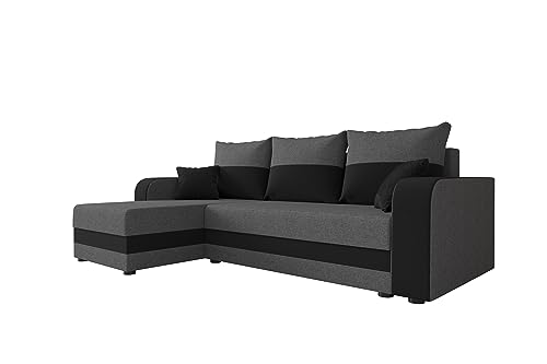 ALTDECOR Ecksofa mit Schlaffunktion und Bettkasten, Polstercouch in L-Form Links angeordnet, rückenecht gepolstert, ideal als Gästebett HEWLI-BIS 235x140x90cm Dunkelgrau/Schwarz von ALTDECOR