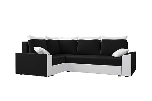 ALTDECOR Ecksofa mit Schlaffunktion und Bettkasten, Polstercouch in L-Form Links angeordnet, rückenecht gepolstert, ideal als Gästebett Pauli-Plus 237x161x90cm Schwarz/Weiß von ALTDECOR