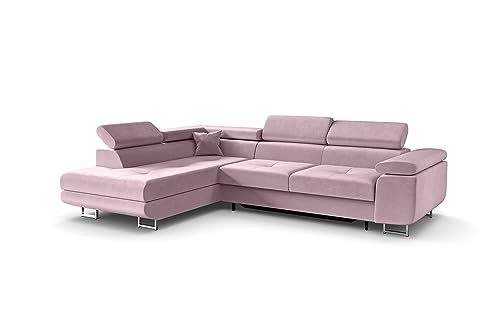 ALTDECOR Ecksofa Links mit Schlaffunktion und Bettkasten mit Gasdruckfeder, Polstercouch in L-Form Links angeordnet, rückenecht gepolstert, ideal als Gästebett - GUSA - 272x202 cm Rosa von ALTDECOR