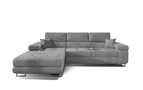 ALTDECOR Ecksofa Links mit Schlaffunktion und Bettkasten mit Gasdruckfeder, Polstercouch in L-Form Links angeordnet, rückenecht gepolstert, ideal als Gästebett - Mando 280x205x90 cm Hellgrau von ALTDECOR