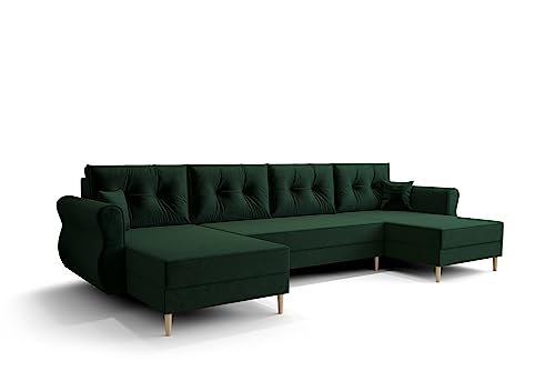 ALTDECOR Ecksofa mit Schlaffunktion und Bettkasten Polstercouch in U-Form, rückenecht gepolstert, ideal als Gästebett - APOL-U - 300x140x93cm Dunkelgrün von ALTDECOR