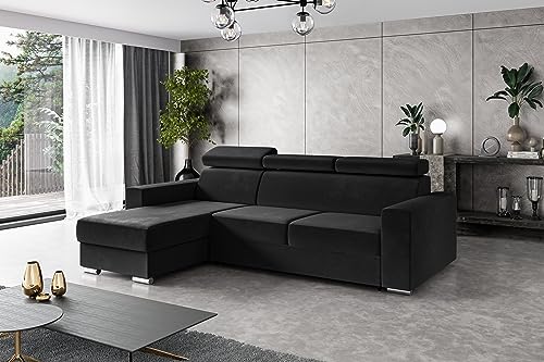 ALTDECOR Ecksofa Links mit Schlaffunktion und Bettkasten mit Gasdruckfeder, Polstercouch in L-Form Links angeordnet, rückenecht gepolstert, ideal als Gästebett - FIX - 242x168 cm Schwarz von ALTDECOR
