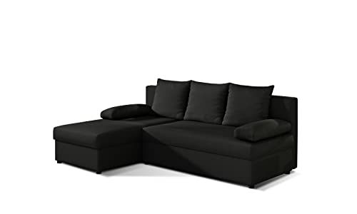 ALTDECOR Ecksofa Links mit Schlaffunktion und Bettkasten mit Gasdruckfeder, Polstercouch in L-Form Links angeordnet, rückenecht gepolstert, ideal als Gästebett - Gin 206x146x90 cm Schwarz von ALTDECOR