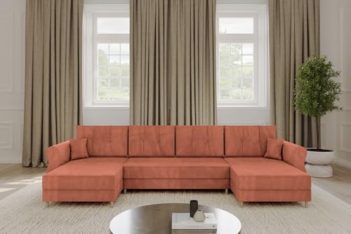 ALTDECOR Ecksofa in U-Form mit Schlaffunktion und Bettkasten Corner Sofa Bett Eckcouch Couch L-Form Schlafcouch Ausziehbar Wohnlandschaft Schlafsofa Cauchsofa APOL-U 300x140x90 Apricot von ALTDECOR
