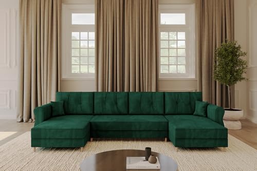 ALTDECOR Ecksofa in U-Form mit Schlaffunktion und Bettkasten Corner Sofa Bett Eckcouch Couch L-Form Schlafcouch Ausziehbar Wohnlandschaft Schlafsofa Cauchsofa APOL-U 300x140x90 Dunkelgrün von ALTDECOR