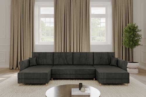 ALTDECOR Ecksofa in U-Form mit Schlaffunktion und Bettkasten Corner Sofa Bett Eckcouch Couch L-Form Schlafcouch Ausziehbar Wohnlandschaft Schlafsofa Cauchsofa APOL-U 300x140x90 Schwarz von ALTDECOR