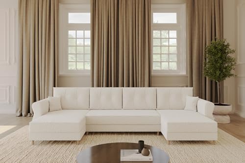 ALTDECOR Ecksofa in U-Form mit Schlaffunktion und Bettkasten Corner Sofa Bett Eckcouch Couch L-Form Schlafcouch Ausziehbar Wohnlandschaft Schlafsofa Cauchsofa APOL-U 300x140x90 Weiß von ALTDECOR