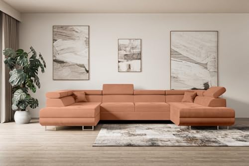 ALTDECOR Ecksofa in U-Form mit Schlaffunktion und Bettkasten Corner Sofa Bett Eckcouch Couch L-Form Schlafcouch Ausziehbar Wohnlandschaft Schlafsofa Cauchsofa GUSA-U - 342x202x107 cm Apricot von ALTDECOR