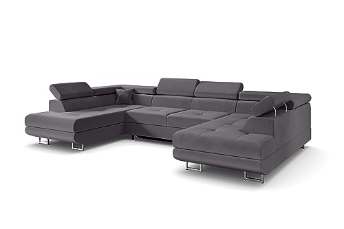 ALTDECOR Ecksofa in U-Form mit Schlaffunktion und Bettkasten mit Gasdruckfeder, Polstercouch Wohnlandschaft rückenecht gepolstert, ideal als Gästebett - GUSA - 342x202 cm Grau von ALTDECOR