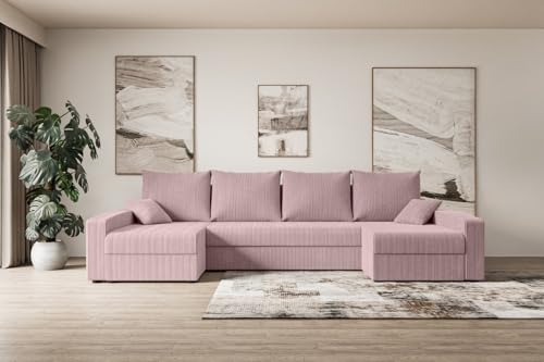 ALTDECOR Ecksofa mit Schlaffunktion und Bettkasten Corner Sofa Eckcouch Couch U-Form universal, Links/rechts angeordnet Schlafcouch Ausziehbar Wohnlandschaft Alesia-U - 301x140x90cm Rosa von ALTDECOR