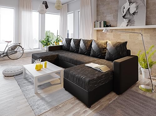 ALTDECOR Ecksofa mit Schlaffunktion und Bettkasten, Polstercouch in U-Form, rückenecht gepolstert, ideal als Gästebett - ASTA-U - 303x1140x90cm Dunkelgrau/Schwarz von ALTDECOR