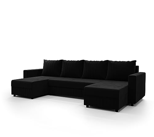 ALTDECOR Ecksofa mit Schlaffunktion und Bettkasten, Polstercouch in U-Form, rückenecht gepolstert, ideal als Gästebett - PARKI-U - 303x140x90cm Schwarz von ALTDECOR