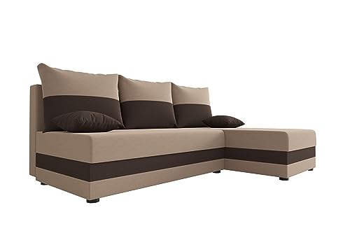 ALTDECOR Ecksofa mit Schlaffunktion und Bettkasten Polstercouch in L-Form rechts angeordnet, rückenecht gepolstert, ideal als Gästebett - HEWLI - 201x140x90cm Beige/Braun von ALTDECOR