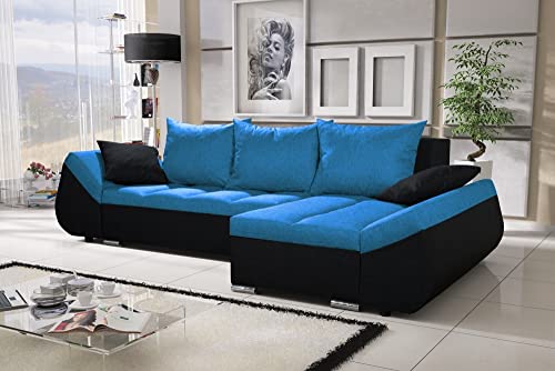 ALTDECOR Ecksofa mit Schlaffunktion und Bettkasten, Polstercouch in L-Form rechts angeordnet, rückenecht gepolstert, ideal als Gästebett - KORFI-L - 251x140x90cm Blau/Schwarz von ALTDECOR