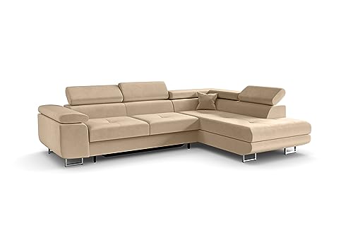 ALTDECOR Ecksofa rechts mit Schlaffunktion und Bettkasten mit Gasdruckfeder, Polstercouch in L-Form rechts angeordnet, rückenecht gepolstert, ideal als Gästebett - GUSA - 272x202 cm Beige von ALTDECOR