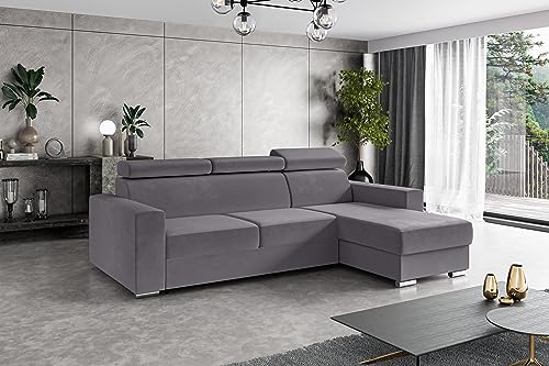 ALTDECOR Ecksofa rechts mit Schlaffunktion und Bettkasten mit Gasdruckfeder, Polstercouch in L-Form rechts angeordnet, rückenecht gepolstert, ideal als Gästebett - FIX - 242x168 cm Grau von ALTDECOR