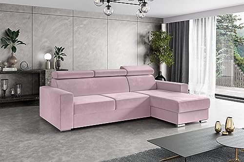 ALTDECOR Ecksofa rechts mit Schlaffunktion und Bettkasten mit Gasdruckfeder, Polstercouch in L-Form rechts angeordnet, rückenecht gepolstert, ideal als Gästebett - FIX - 242x168 cm Rosa von ALTDECOR