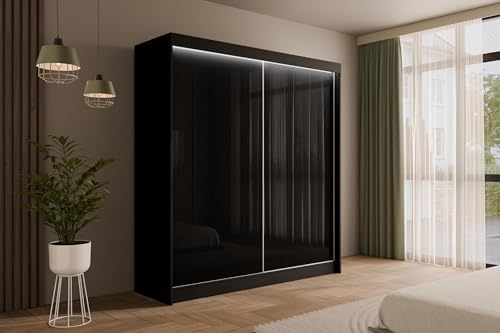 ALTDECOR Kleiderschrank mit Lacobel-Schiebetüren, kugelgelagerte Führungsschienen und Aluminium- Leisten, LED-Beleuchtung (weiß + 16 Farben) und Fernbedienung - PEKA - 200 cm Schwarz/Schwarz von ALTDECOR