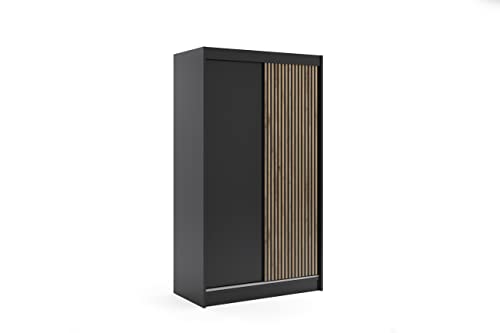 ALTDECOR Kleiderschrank mit Lamel-Schiebetüren, kugelgelagerte Führungsschienen und Aluminium-Leisten - VILAN - 120 cm Schwarz + Lamelle Eiche Wotan von ALTDECOR