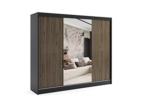 ALTDECOR Kleiderschrank mit Spiegel und Schiebetüren, Führungsschienen und Aluminium-Leisten, LED-Beleuchtung und Fernbedienung - VILAN - 250 cm Schwarz + Lamelle Eiche Wotan + Spiegel von ALTDECOR