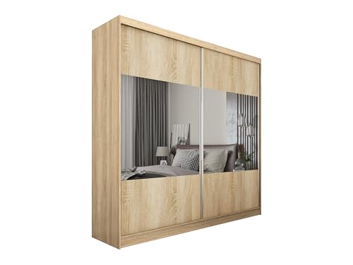 ALTDECOR Kleiderschrank mit Spiegel und Schiebetüren, kugelgelagerte Führungsschienen und Aluminium-Leisten, LED-Beleuchtung (weiß + 16 Farben) und Fernbedienung - CELI - 200 cm Sonoma von ALTDECOR