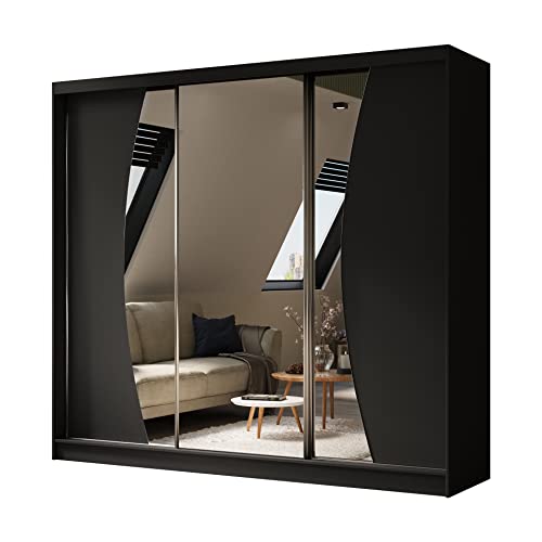 ALTDECOR Kleiderschrank mit Spiegel und Schiebetüren, kugelgelagerte Führungsschienen und Aluminium-Leisten, LED-Beleuchtung (weiß + 16 Farben) und Fernbedienung - VOXI - 240 cm Schwarz von ALTDECOR