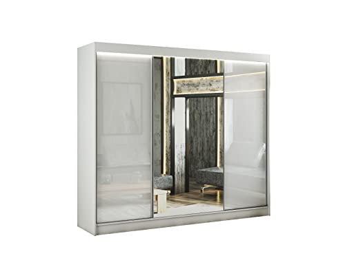 ALTDECOR Kleiderschrank mit Spiegel und Schiebetüren, kugelgelagerte Führungsschienen und Aluminium-Leisten, LED-Beleuchtung (weiß + 16 Farben) und Fernbedienung - VESLI - 250 cm Weiß/Lacobel Weiß von ALTDECOR