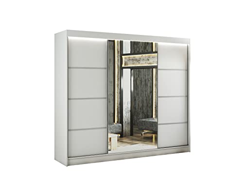ALTDECOR Kleiderschrank mit Spiegel und Schiebetüren, kugelgelagerte Führungsschienen und Aluminium-Leisten, LED-Beleuchtung (weiß + 16 Farben) und Fernbedienung - PAOKI - 250 cm Weiß von ALTDECOR