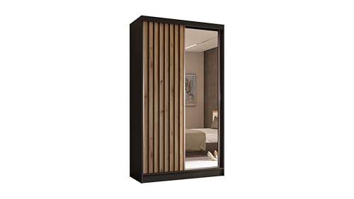 ALTDECOR Kleiderschrank mit Spiegel und Schiebetüren, kugelgelagerte Führungsschienen und Aluminium-Leisten - LAMELO - 120 cm Schwarz + Artisan + Schwarz von ALTDECOR