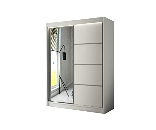 ALTDECOR Kleiderschrank mit Spiegel und Schiebetüren, kugelgelagerte Führungsschienen und Aluminium-Leisten - PAOKI - 150 cm Weiß von ALTDECOR