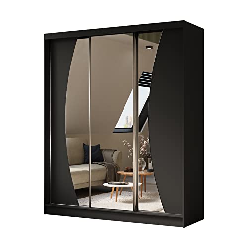 ALTDECOR Kleiderschrank mit Spiegel und Schiebetüren, kugelgelagerte Führungsschienen und Aluminium-Leisten - VOXI - 180 cm Schwarz von ALTDECOR