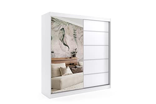 ALTDECOR Kleiderschrank mit Spiegel und Schiebetüren, kugelgelagerte Führungsschienen und Aluminium-Leisten - Maki - 200 cm Weiß von ALTDECOR