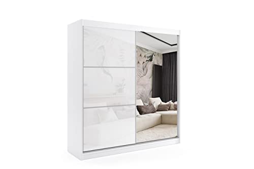 ALTDECOR Kleiderschrank mit Spiegel und Schiebetüren, kugelgelagerte Führungsschienen und Aluminium-Leisten - VIVI - 200 cm Weiß von ALTDECOR