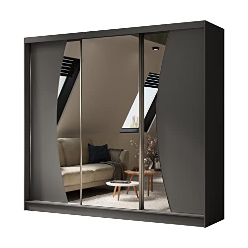 ALTDECOR Kleiderschrank mit Spiegel und Schiebetüren, kugelgelagerte Führungsschienen und Aluminium-Leisten - VOXI - 240 cm Grau von ALTDECOR