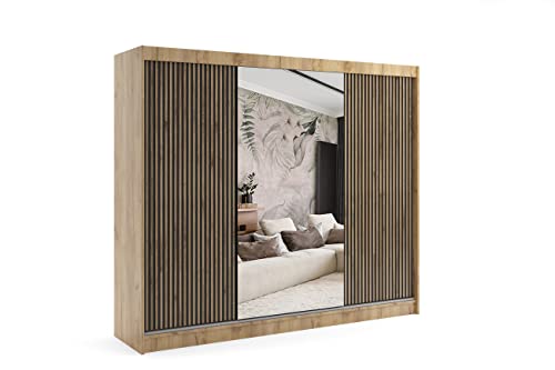 ALTDECOR Kleiderschrank mit Spiegel und Schiebetüren, kugelgelagerte Führungsschienen und Aluminium-Leisten - VILAN - 250 cm Eiche Kraft + Lamelle Eiche Wotan + Spiegel von ALTDECOR