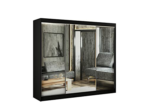 ALTDECOR Kleiderschrank mit Spiegel und Schiebetüren, kugelgelagerte Führungsschienen und Aluminium-Leisten - AMOHA - 250 cm Schwarz von ALTDECOR