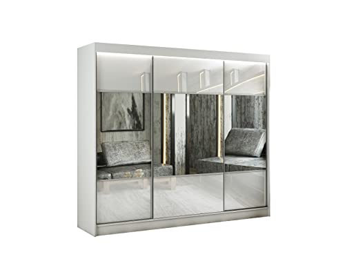 ALTDECOR Kleiderschrank mit Spiegel und Schiebetüren, kugelgelagerte Führungsschienen und Aluminium-Leisten - RIOCI - 250 cm Weiß/Lacobel Weiß von ALTDECOR