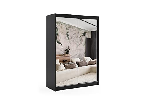 ALTDECOR Kleiderschrank mit Spiegel und Schiebetüren, kugelgelagerte Führungsschienen und Aluminium-Leisten - DEBI - 160 cm Schwarz von ALTDECOR