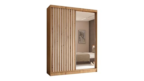 ALTDECOR Kleiderschrank mit Spiegel und Schiebetüren, kugelgelagerte Führungsschienen und Aluminium-Leisten - LAMELO - 160 cm Artisan + Artisan + Weiß von ALTDECOR