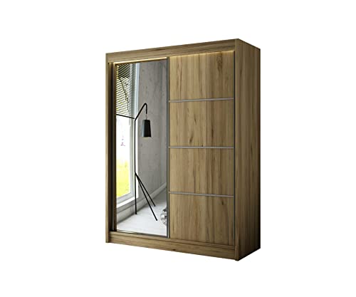 ALTDECOR Kleiderschrank mit Spiegel und Schiebetüren, kugelgelagerte Führungsschienen und Aluminium-Leisten - PAOKI - 120 cm Eiche Craft von ALTDECOR