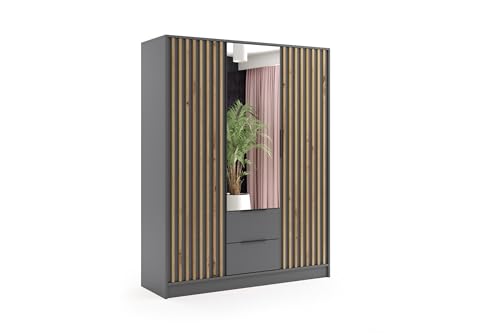 ALTDECOR Kleiderschrank mit Spiegel und selbstschließenden, Lamellentüren, Lamellen, Flügeltüren - Nelia - 150 cm Graphit von ALTDECOR