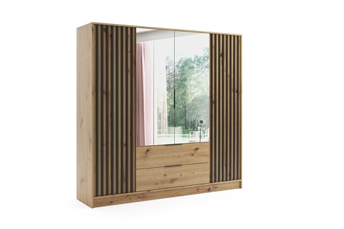 ALTDECOR Kleiderschrank mit Spiegel und selbstschließenden, Lamellentüren, Lamellen, Flügeltüren - Nelia - 200 cm Artisan von ALTDECOR