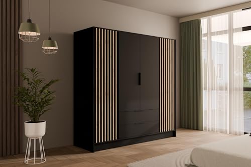 ALTDECOR Kleiderschrank mit selbstschließenden Lamellentüren, Lamellen, Flügeltüren - Nelia - 200 cm Schwarz/Artisan ALTDECOR Kleiderschrank mit selbstschließenden Lamellentüren, Lamellen, Flügeltüren - Nelia - 200 cm Schwarz/Artisan von ALTDECOR