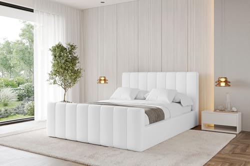ALTDECOR Polsterbett mit Bettkasten, Fußteil und Lattenrost, Bett mit Kopfteil, Boxbett ohne Matratze, Doppelbett mit Stauraum - STERA-Z 200x200 Weiß Kunstleder von ALTDECOR