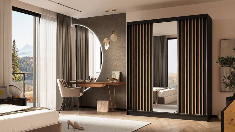 ALTDECOR Schiebetürenschrank LAMELO (Kleiderschrank Garderobenschrank mit viel Stauraum Moderner Schrank) Spiegel Spiegeltüren Lamellen Schwebetürenschrank LED Beleuchtung von ALTDECOR