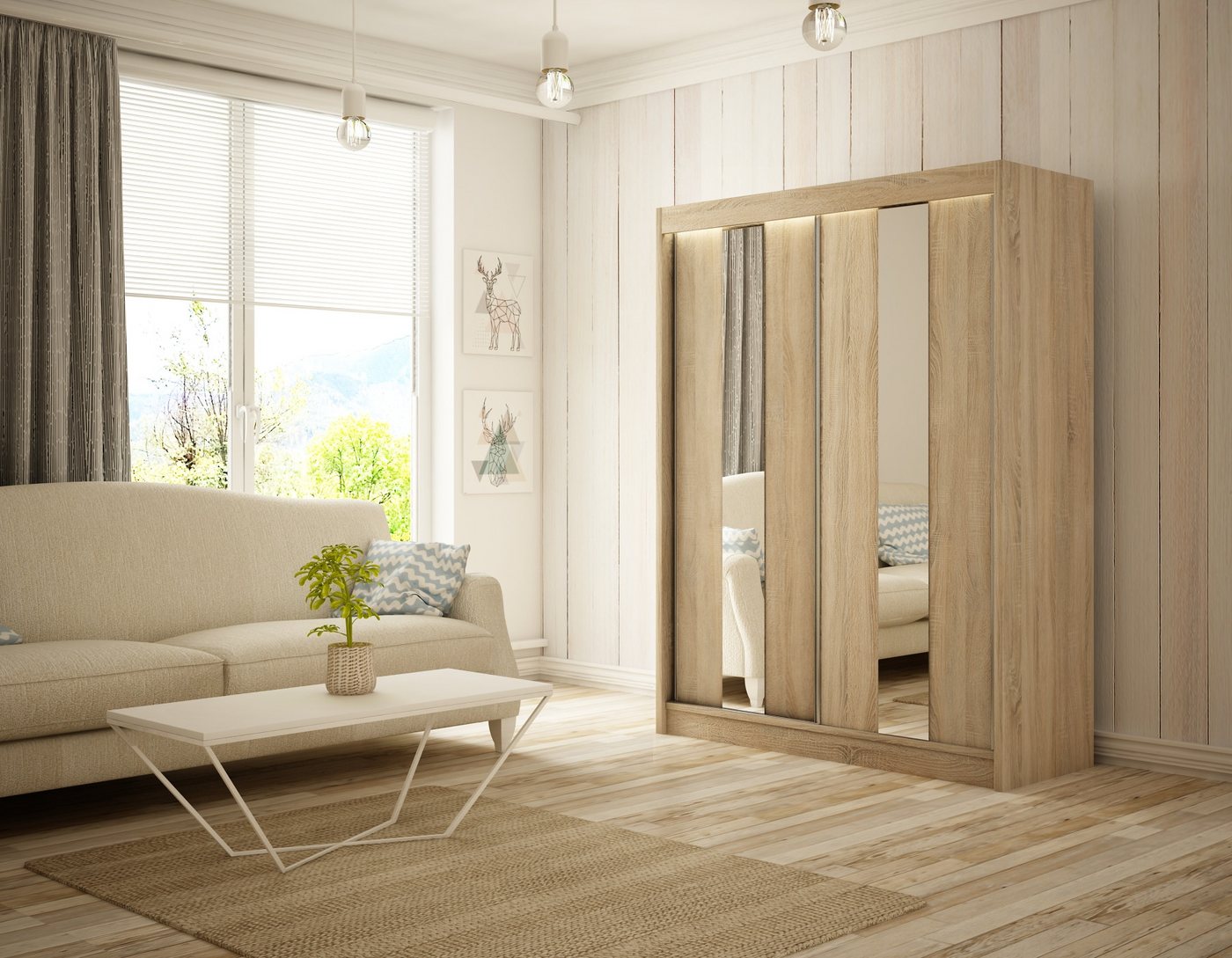 ALTDECOR Schiebetürenschrank LUKIA (Kleiderschrank Garderobenschrank mit viel Stauraum Moderner Schrank) Spiegel Spiegeltüren Vielseitiger Schwebetürenschrank LED Beleuchtung von ALTDECOR