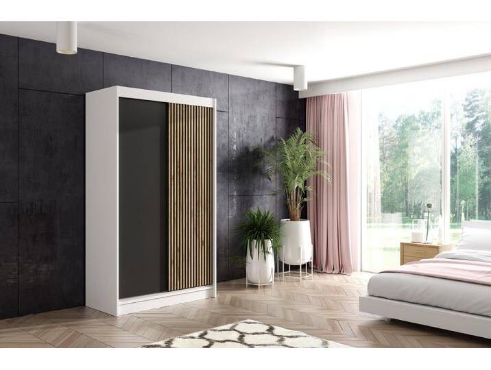 ALTDECOR Schiebetürenschrank VILAN (Kleiderschrank Aluminium-Leisten Lamelle, Spiegel, Led), weiß, Weiß + Lamelle Eiche Wotan von ALTDECOR